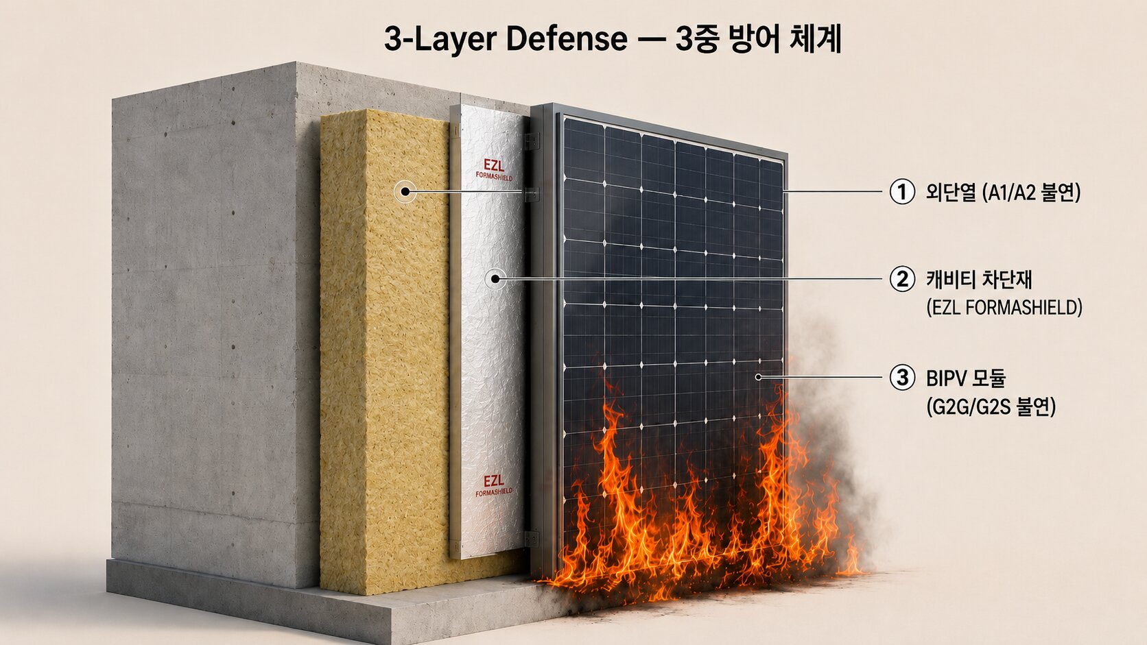 3중 방어 체계 — 외단열(A1/A2)·캐비티 차단재(EZL)·BIPV 모듈